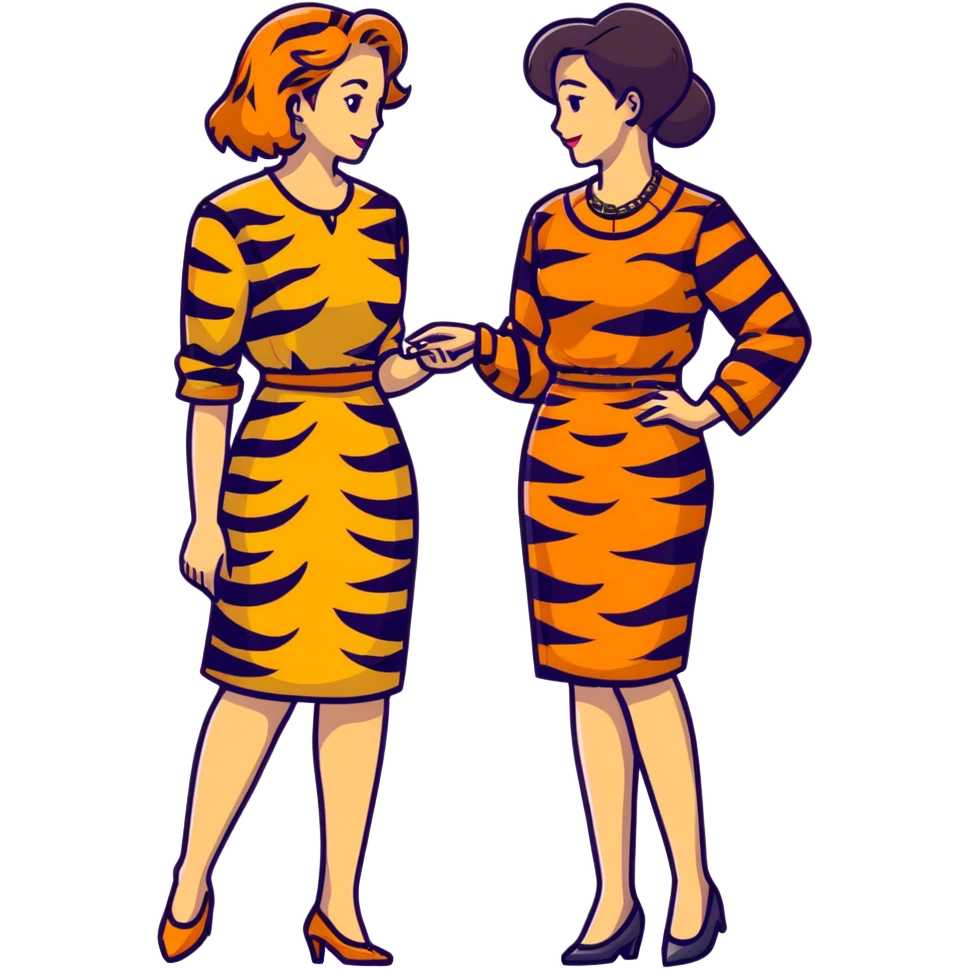 Two women chatting, dressed in leopard print and tiger print dresses emoji