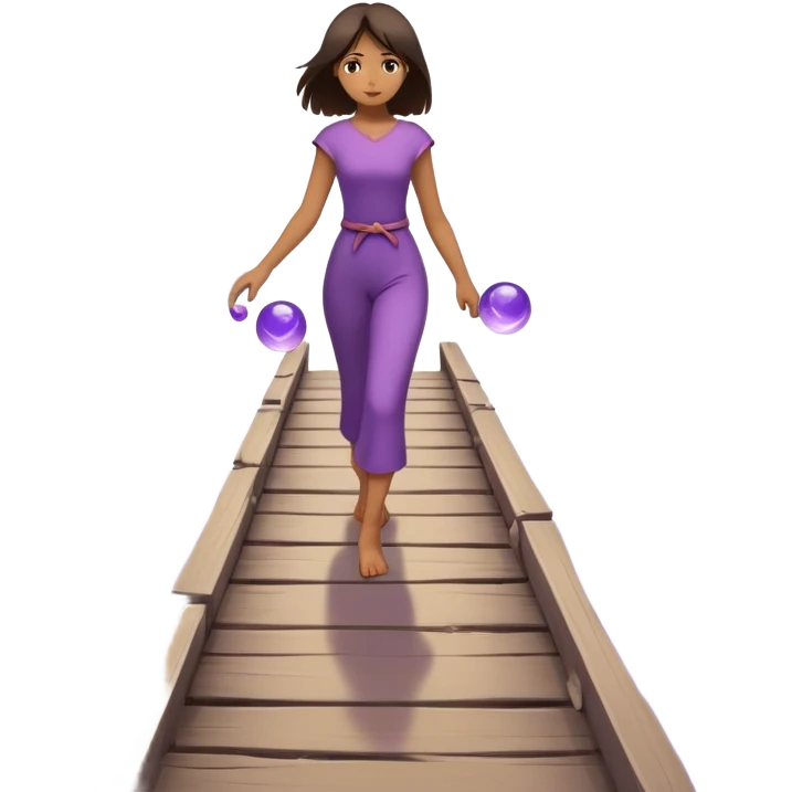 A small figure walks back broken bridge, holding soft 2 violet orbs in hand—symbolizing compassion and forgiveness. A gentle heart aura trails behind them, showing healing in motion. emoji