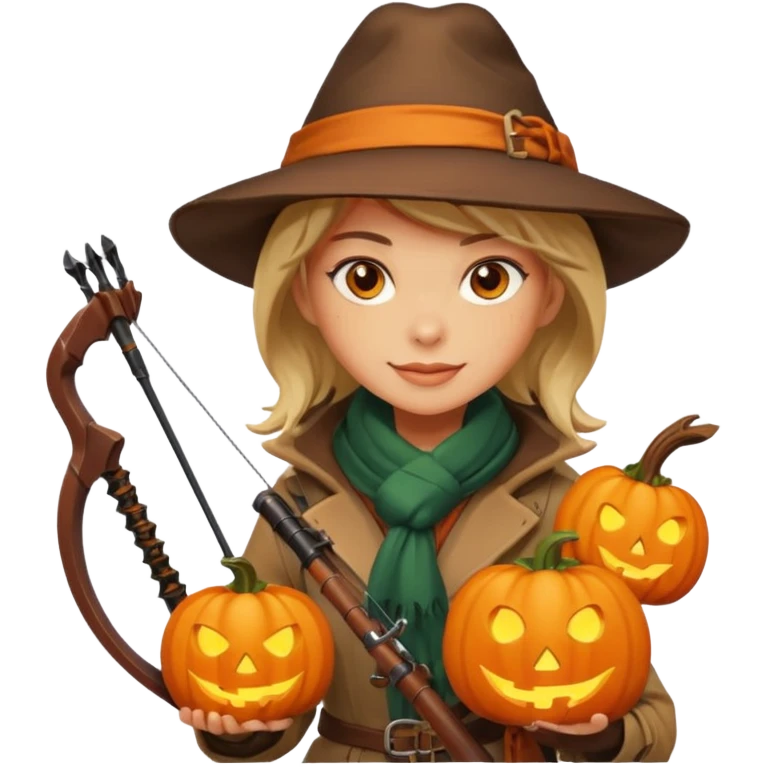 female human monster hunter emoji, wearing brown coat and hat, holding crossbow, soft smile, scarf, glowing pumpkin by her side, Halloween fantasy style, clean vector Apple emoji look, bright colors, white background, square emoji