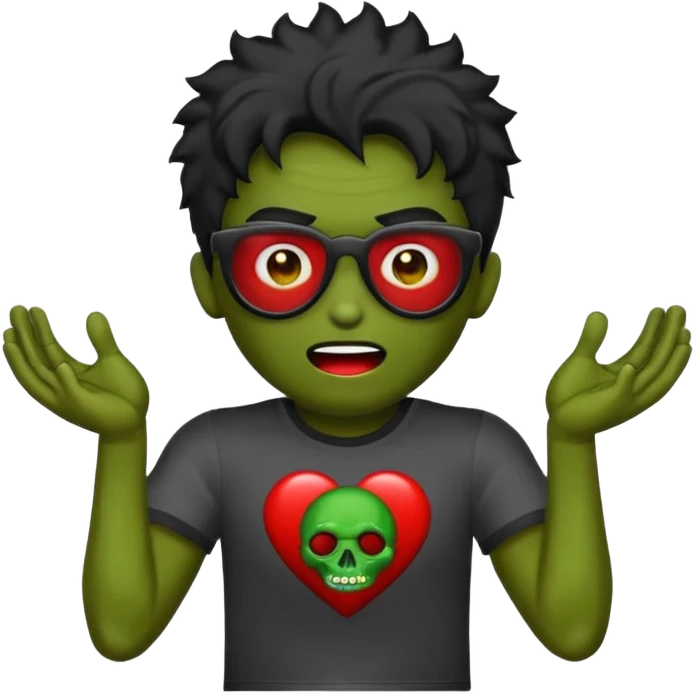 Crie um zumbi com sangue estilo emoji do iPhone com cabelo ondulado grande preto com camiseta preta e óculos de grau preto emoji