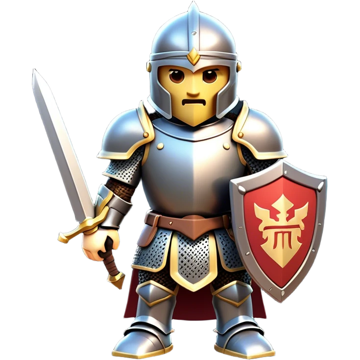 Clash of Clans aesthetic: Cinematic Playful Armored Knight Hero Emoji, rendered in a 3D vector-style similar to standard emojis with minimal shading and bold, simplified shapes. A compact, isometric warrior clad in gleaming plate armor with intricate heraldic details, softly glowing with a chivalrous medieval charm. Simplified yet unmistakably iconic, highly detailed and consistent, glowing with a soft radiant shine and high polish. Stylized with a touch of noble valor and a soft glowing outline, capturing the essence of a gallant knight ready for honorable battle with a friendly, playful manner! emoji