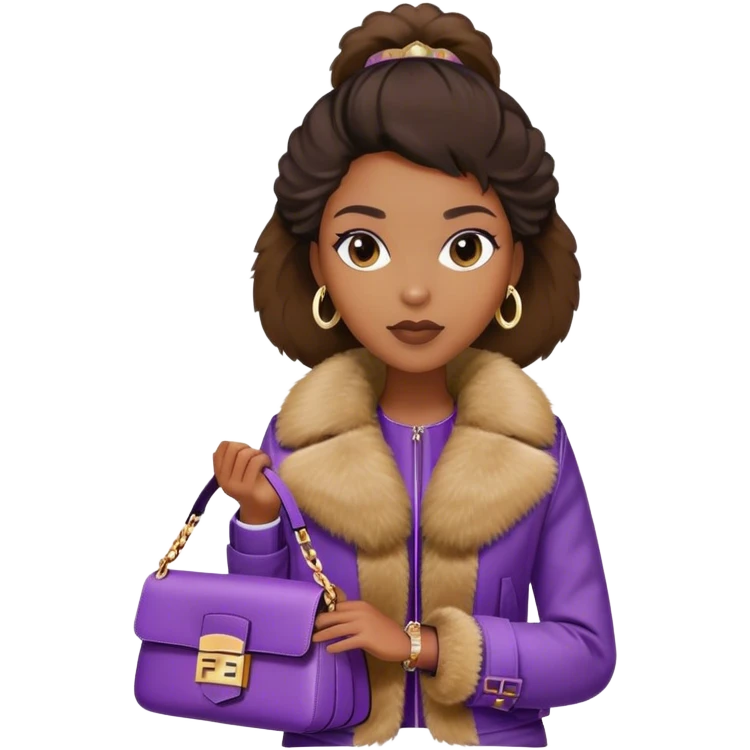 Beautiful black woman wearing a brown monogram Fendi jacket with a fur trim. She is carrying a purple Fendi baguette bag. I want the image to start at her head and end at the chest emoji