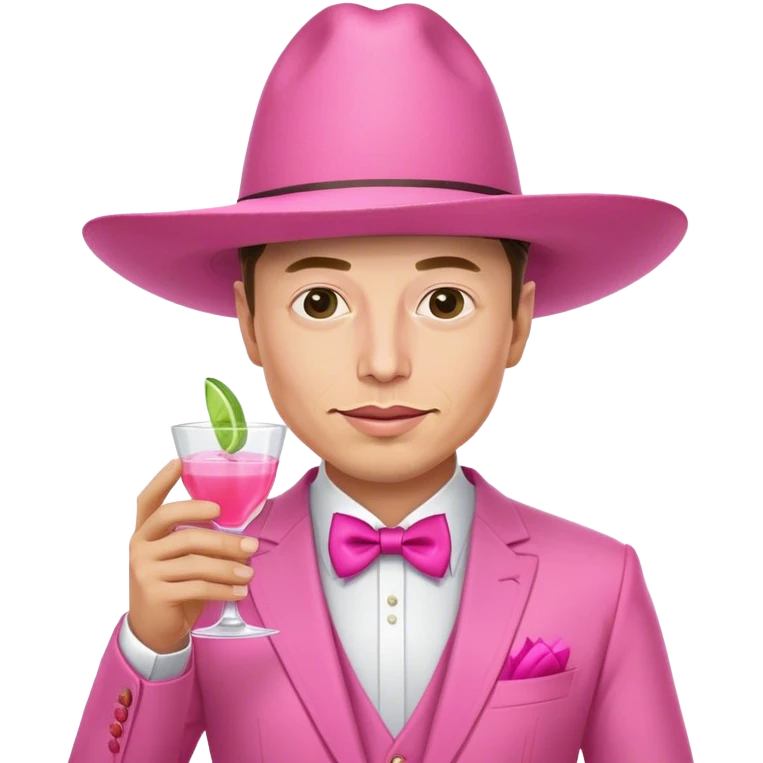 Elon Musk exact looking man in pink sombrero, dressed in an all-pink suit, with one hand holding pink tequila shot emoji