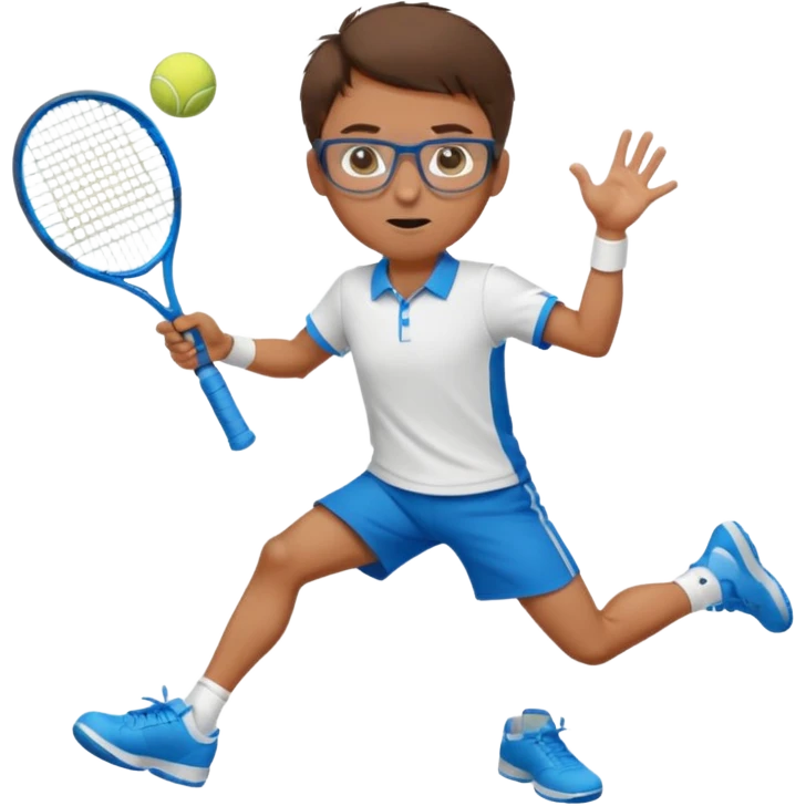 homme l'air cool taille moyenne corpulence maigre cheveux chatain court yeux bleus lunettes photo de pieds en pantalon qui fait du tennis pe emoji