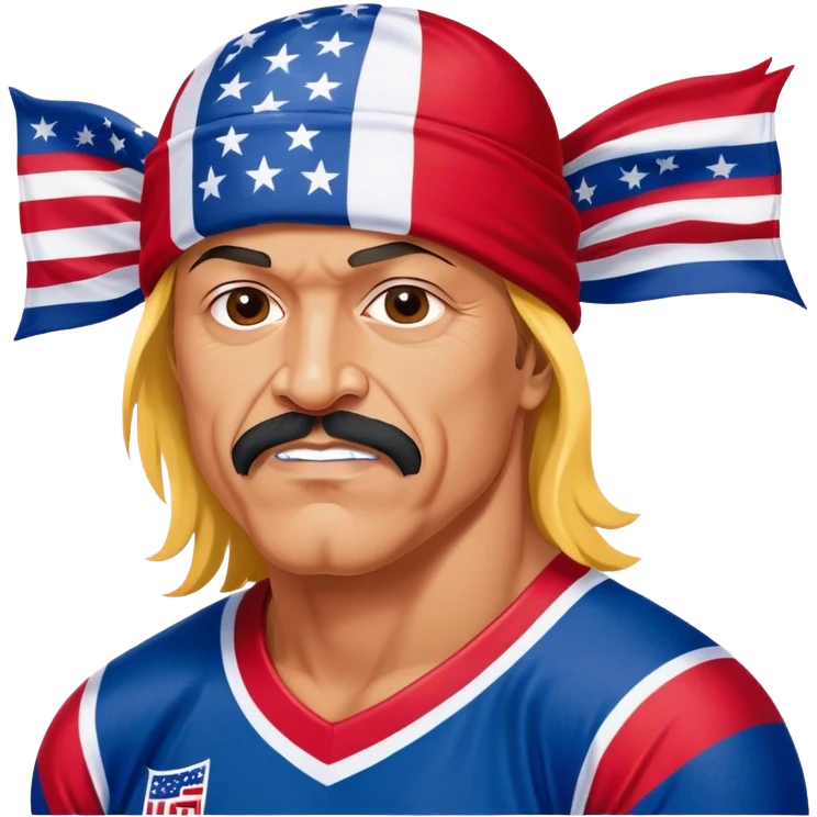 U.S.A. hockey jersey, red, white, and blue with a picture of Kid Rock on it. The helmet is a Hulk Hogan, red and yellow bandanna. emoji