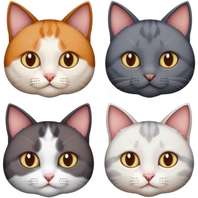 4 different coloured short haired cats including; a dark brown and white cat, and a dark grey and white  emoji