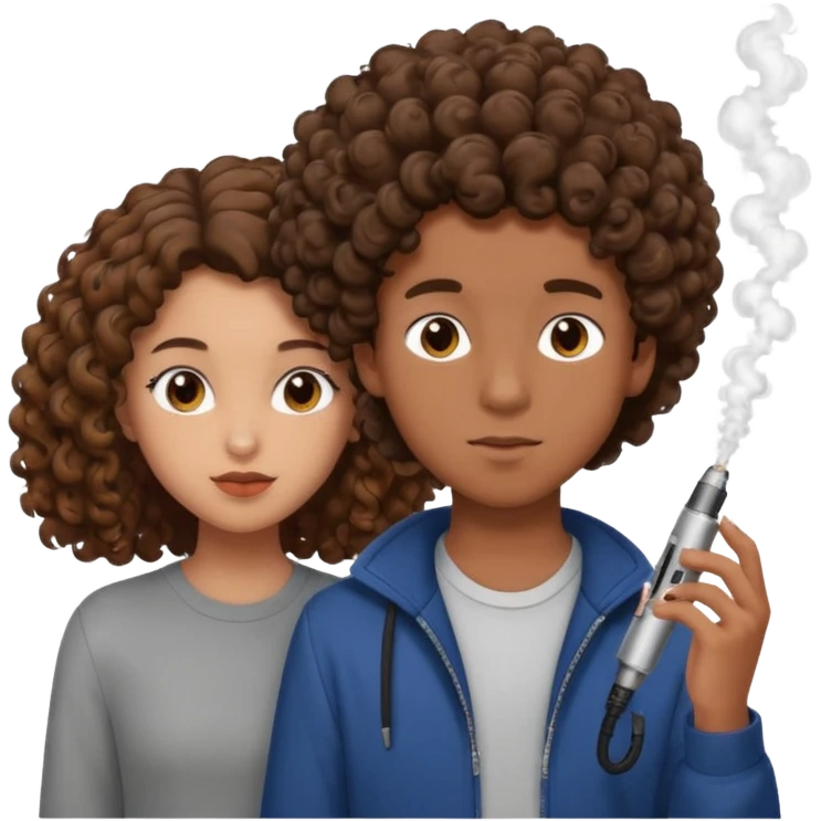 teenage boy with brown skin vaping a brown puff, standing close to a mixed-race girl with beautiful brown curly hair, both look in love, affectionate expression emoji