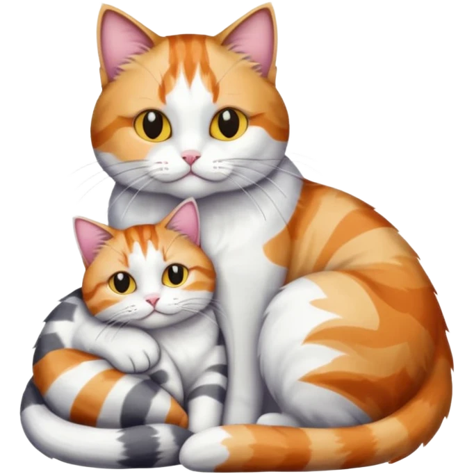 full body colourful light patched calico + white tabby cat cuddling a big grey and white tabby cat  emoji