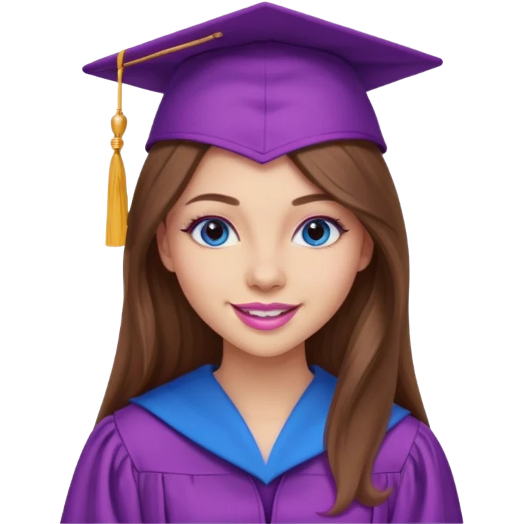 girl with gorgeous long brown hair, blue eyes, long lashes makeup, sexy pink lips, wearing a purple and pink graduation cap and gown emoji