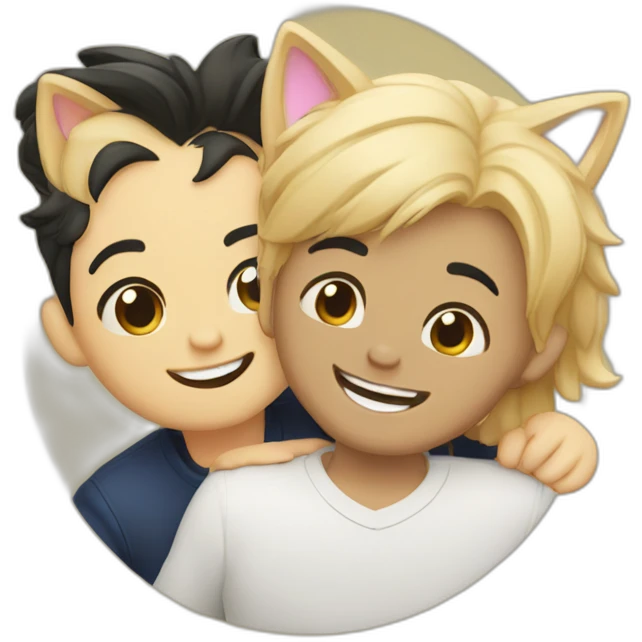 Gay couple, 1 Latino black hair, the other one Australian blonde hair with a cat in the middle laughing emoji