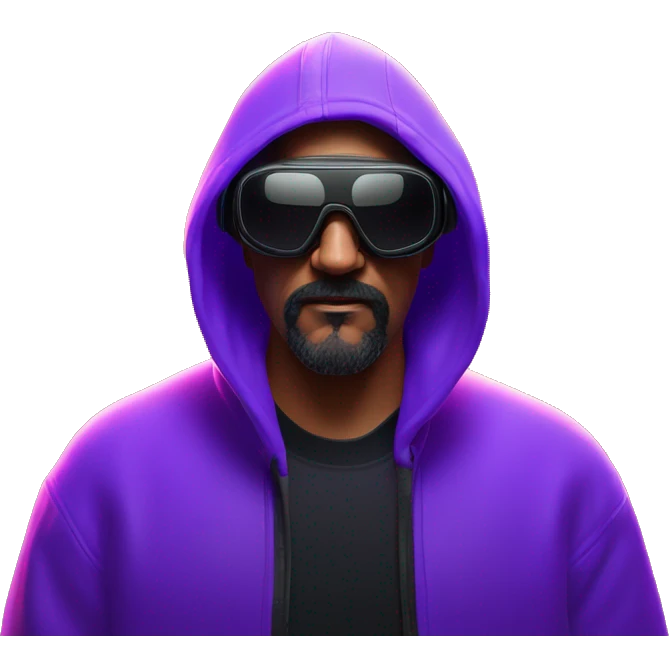 Big Lebowski wearing a black hoodie with "OMG" letters on it and VR headset oculus quest 2 in a cyberpunk VR environment with violet neon lighting. emoji