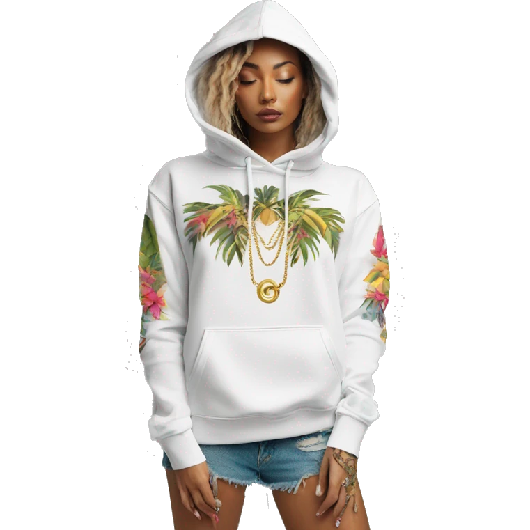 Trendy lady tropical multicoloured baroque hoodie with tattoos and gold chain emoji