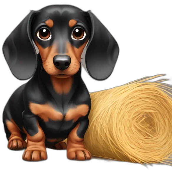 Very sad mini dachshund with a top hay emoji