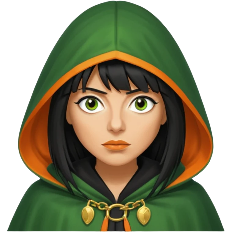 claudia winkleman with a heavy fringe and an orange tan as a traitor with a green hooded cloak with a gold clasp and dark black eyeliner emoji
