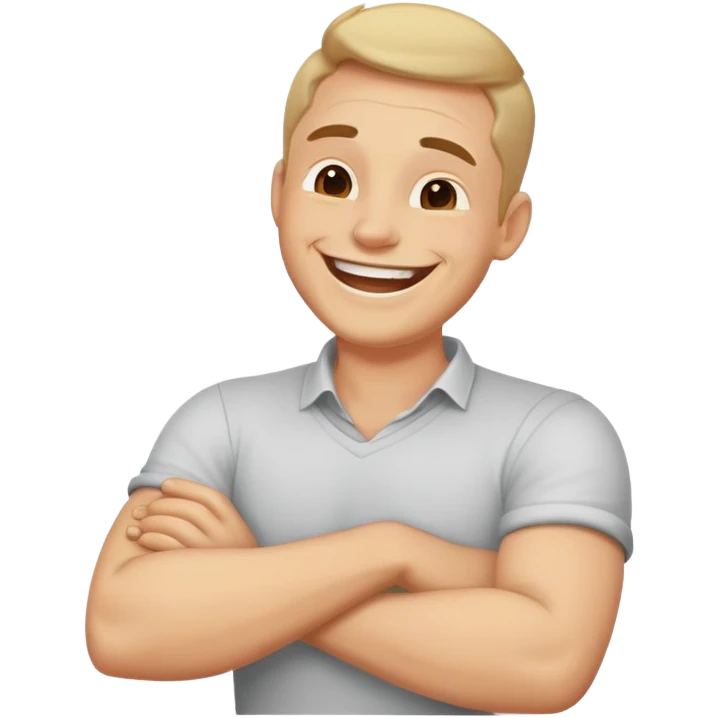 Guy with arms crossed around holding neck while laughing emoji