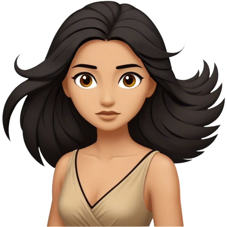 Cinematic Stunning Pocahontas Portrait Emoji, Windswept raven hair flowing behind her, deep brown eyes filled with wisdom and strength, glowing sun-kissed skin, wearing her elegant tan dress, the spirit of the wild in her expression, breathtakingly majestic! emoji