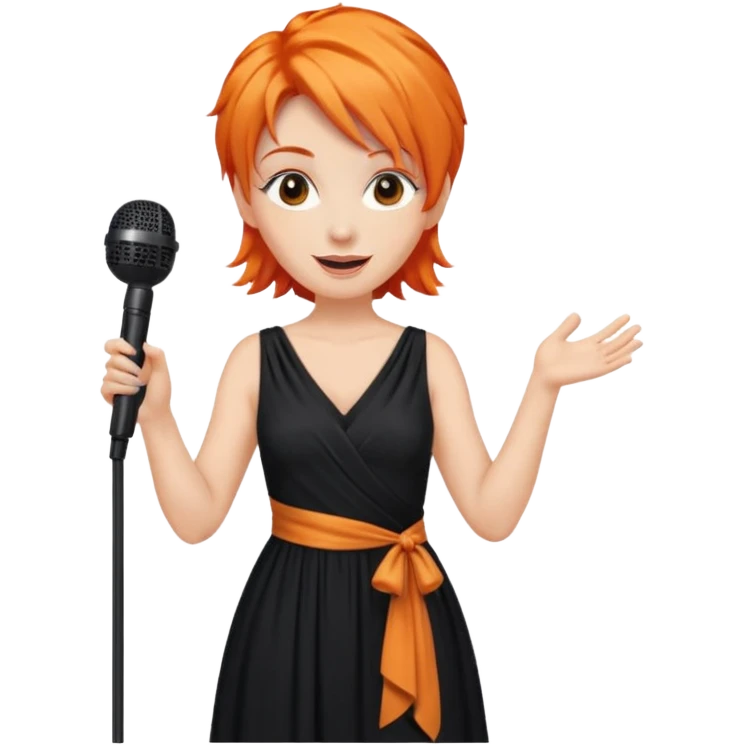 singer, Middle age, orange hair, happy, holding mic, wearing dress emoji