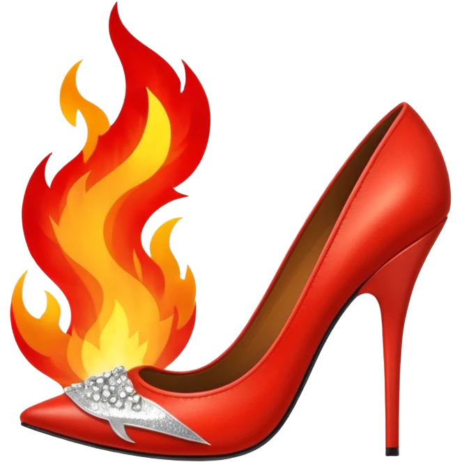 pair of fire red stiletto high heels with large flames and sparkles emoji