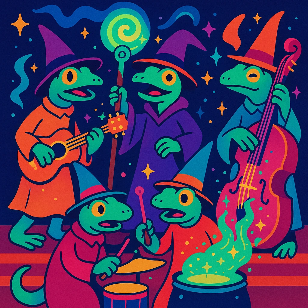 surreal band of lizard wizards performing on stage, each with magical instruments, colorful and whimsical, King Gizzard and the Lizard Wizard theme emoji