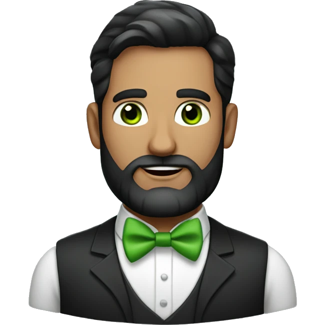 handsome man with bow tie and green eyes and full beard, black hair  emoji