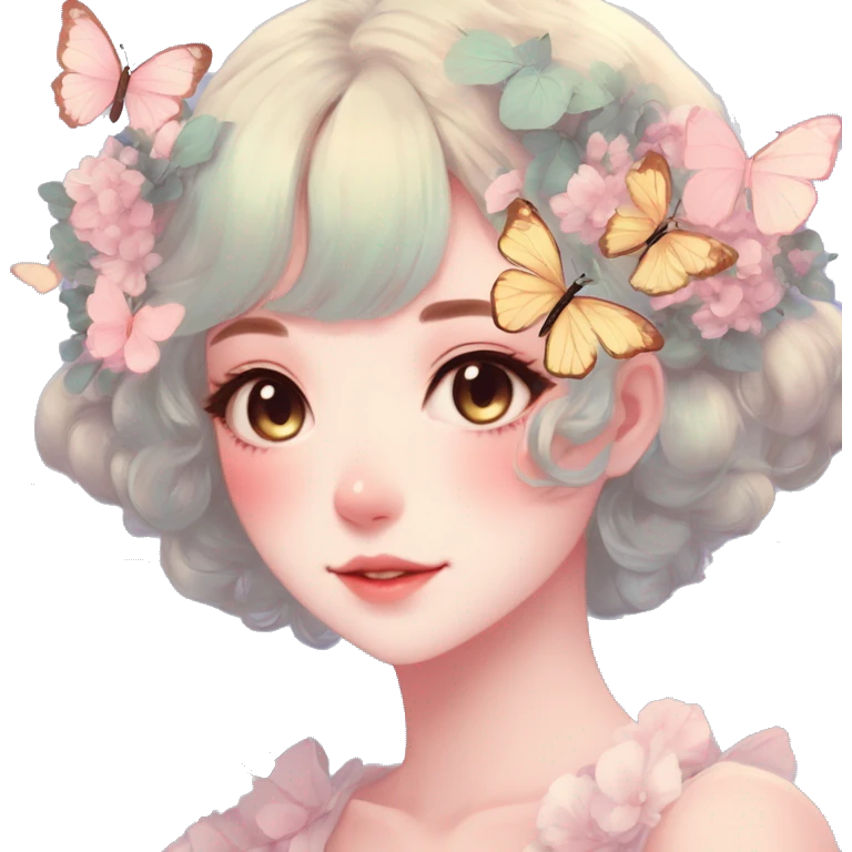 Gorgeous Pastel Anime-Style Lady Butterflies flower petals leaves around cottage core pastelcore kawaii aesthetic trending style emoji