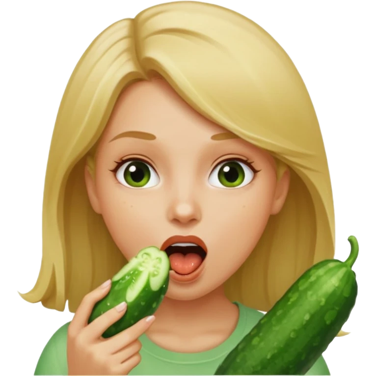 Girl mouth open. Cucumber going into her mouth straight. dirty blonde hair emoji
