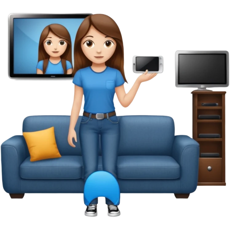 beautiful girl with long brown hair constructing new lounge room area with flat screen tv and couch emoji