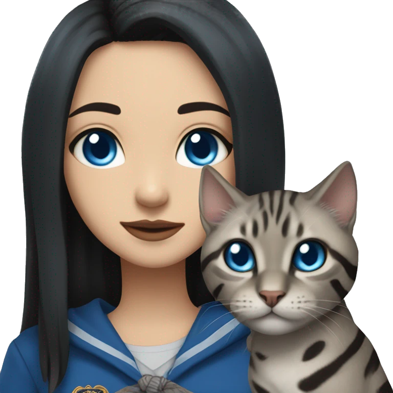 Girl with light skin and blue eyes, shoulder length streight black hair, wears a ravenclaw outfit, with a silver bengal cat holding in her arms emoji