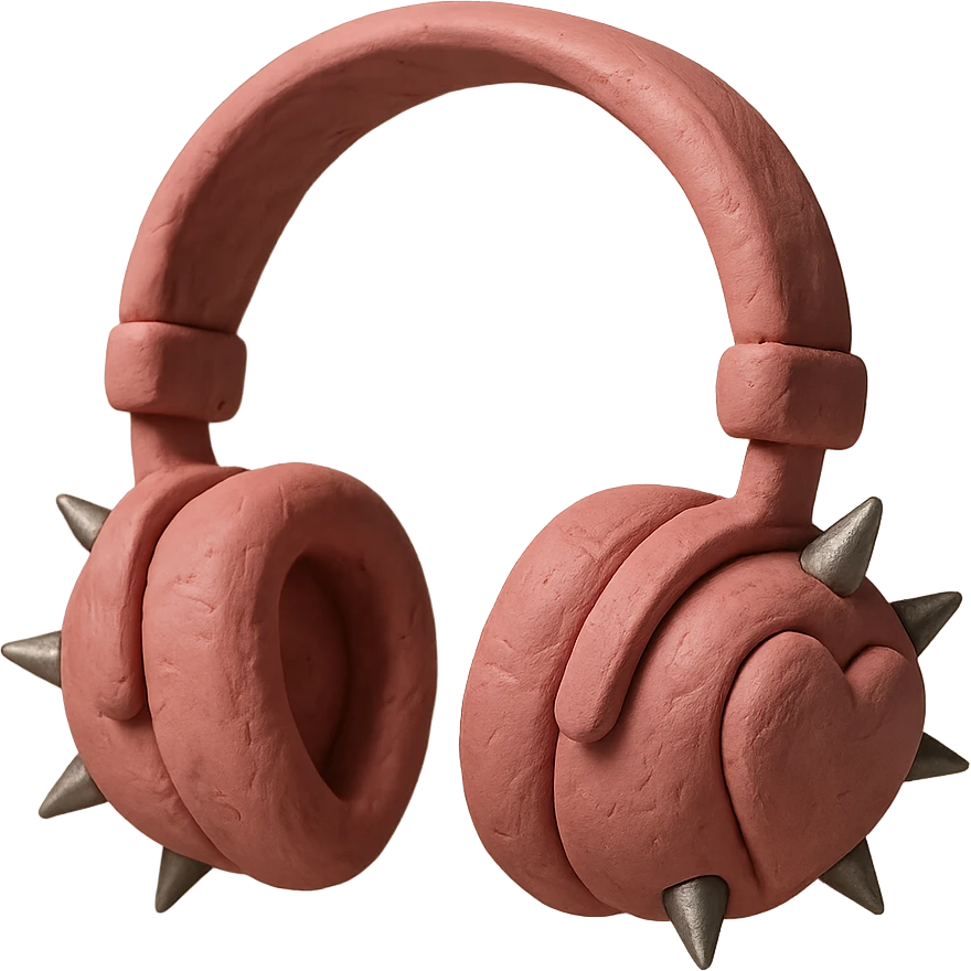 pink gothic headphones with heart-shaped ear cups and silver spikes in claymation style emoji