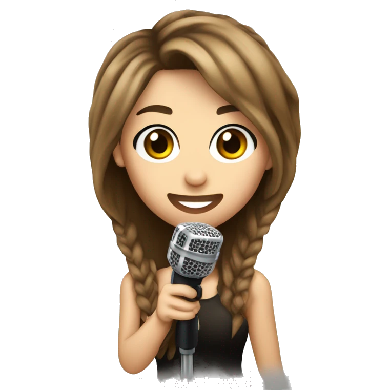 miley cyrus with long brown hair holding a microphone emoji