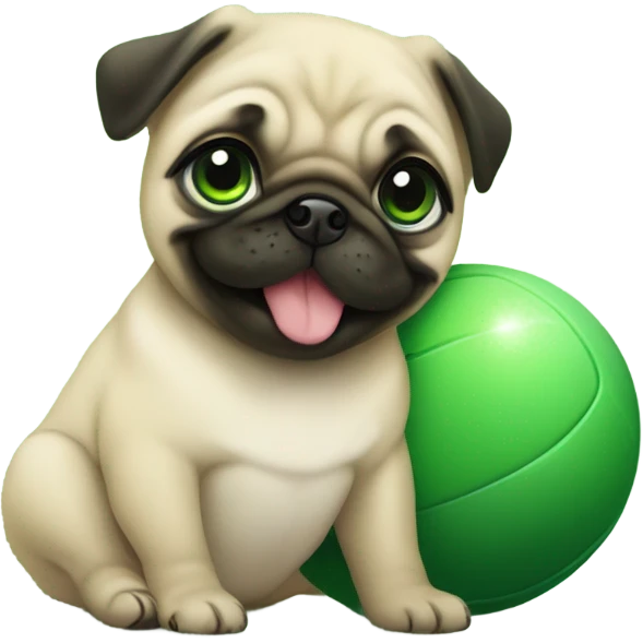 Cute Smiling Baby pug with green eyes playing with a green ball emoji