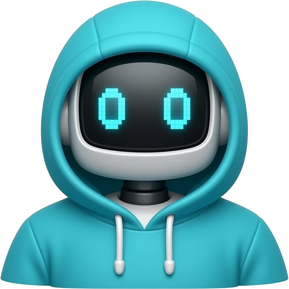 Robot in cyan hoodie head pixelated emoji