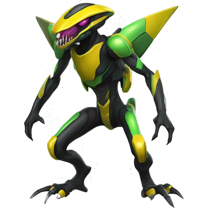 a shiny black-yellow-green Genesect-Raptor-Fakémon—hybrid with a futuristic visor-helmet full body emoji