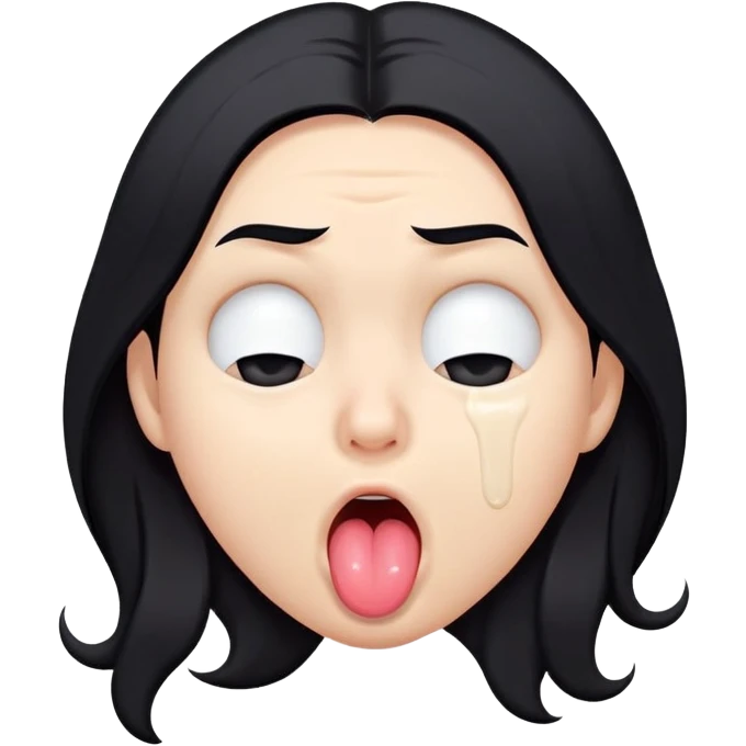 surprised and disgusted face with long black hair, goopy white liquid on cheeks, lips, and tongue, tongue sticking out, eyes shut, expressive face emoji