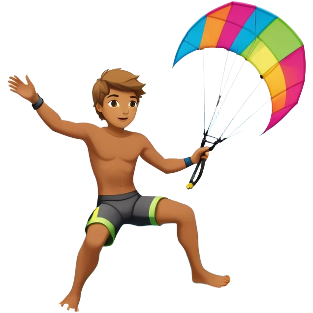 A professional kite surfer performing a high-flying trick on the waves, with a colorful kite soaring above. The background features a stunning landscape of rolling ocean waves, a bright sky, and distant mountains, emphasizing the skill and freedom of the sport. emoji
