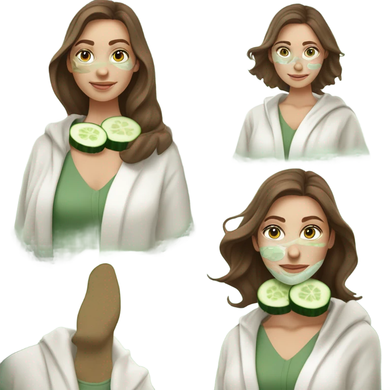 White girl with Brown hair and blue eyes wears a Green colored skincare clay textured mask and puts on cucumbers around her eyes while She relaxes in her white Robe emoji