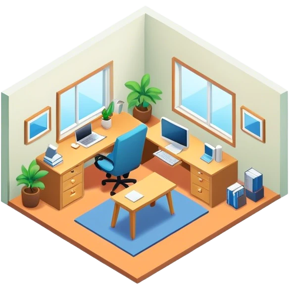 An isometric 3D room with two walls that meet at the back left and right and a Window. Home Office emoji