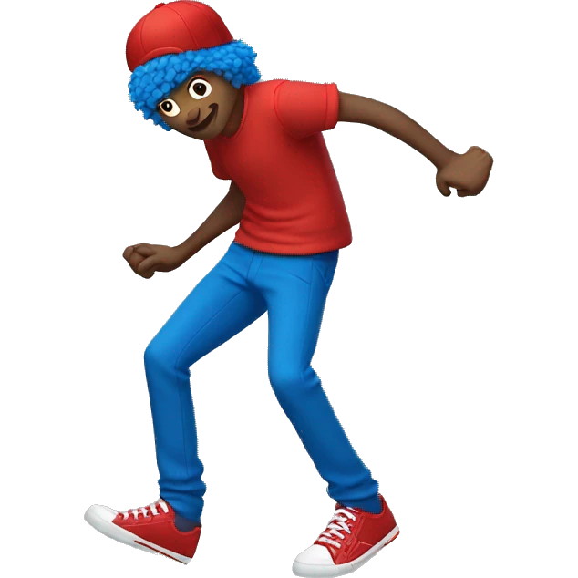 red cap, blue hair, long arms long legs, his hands are white, red sleeves, blue pants, red shoes emoji