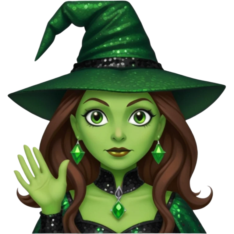 The Wicked Witch from Oz with long brown hair, green skin, black sequin outfit emoji