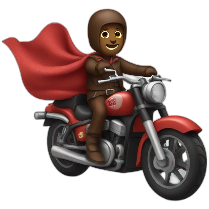 A chocolate brown doodle wearing a red and black handkerchief riding a motorcycle emoji