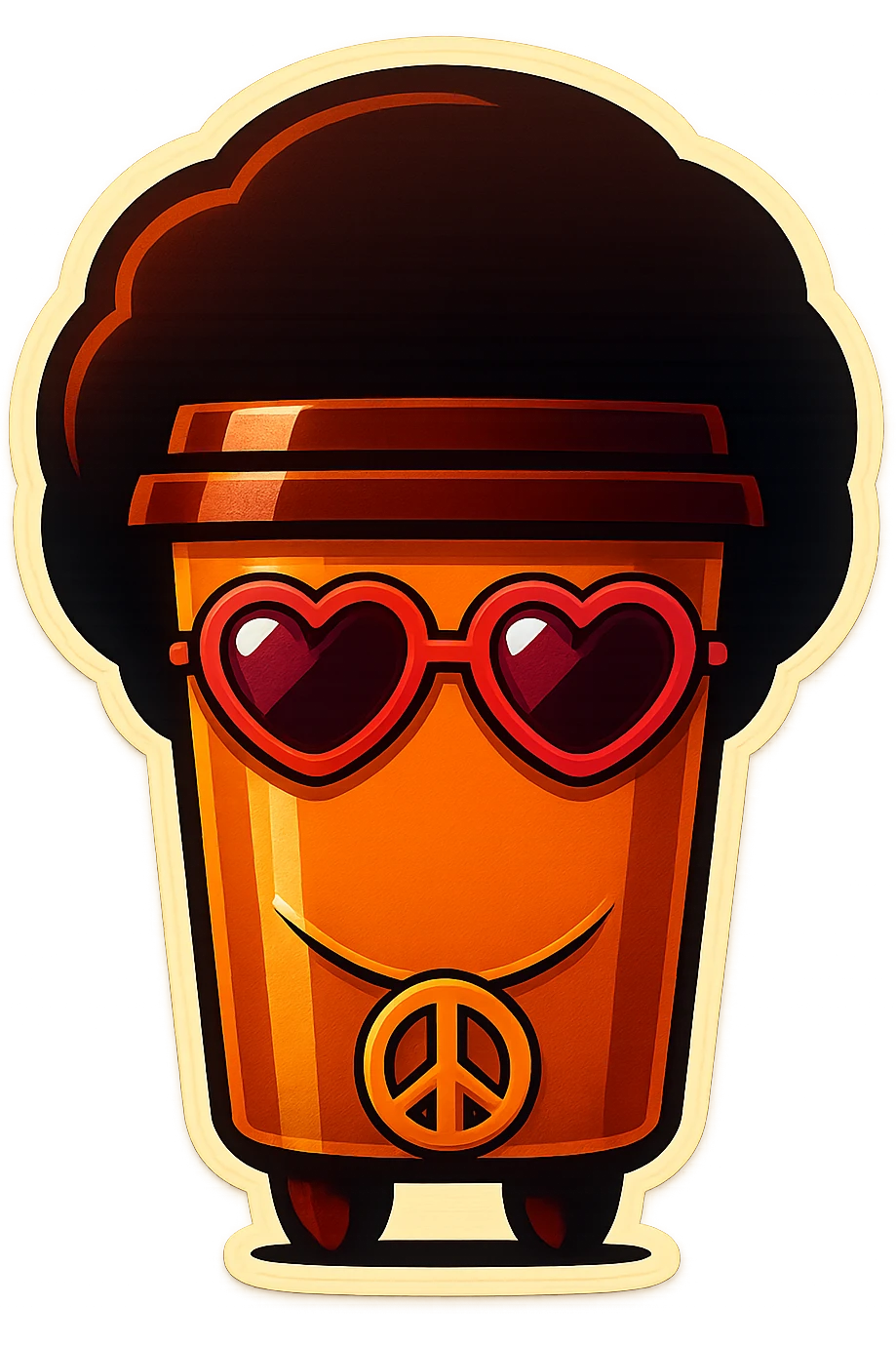 Tall coffee cup, no mouth, afro, heart glasses, peace sign necklace emoji