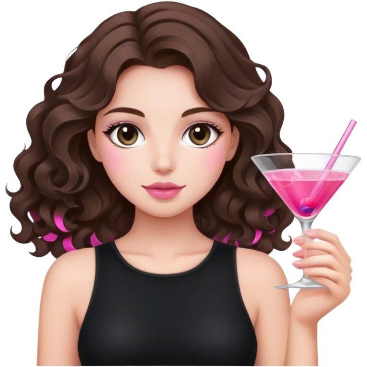 brunette wavy hair down girl black top holding a pink cosmo emoji