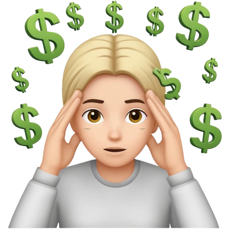 thinking about money, scratching head, with dollar signs around emoji