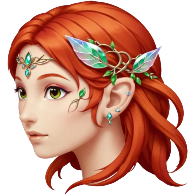 portrait of red haired Elvish fae shiny sparkly iridescent translucent diaphanous ear climber ear cuff emoji