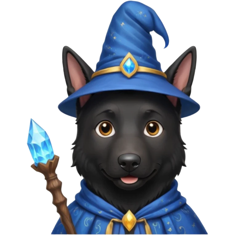 all black german shepherd face wearing a wizard hat and staff and magic swirling around him emoji