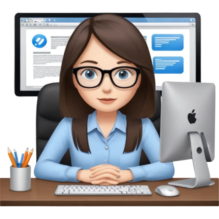 donna occhi azzurri con occhiali, capelli media lunghezza lisci, davanti al pc alla sua scrivania. è una grafica editoriale e redattrice emoji