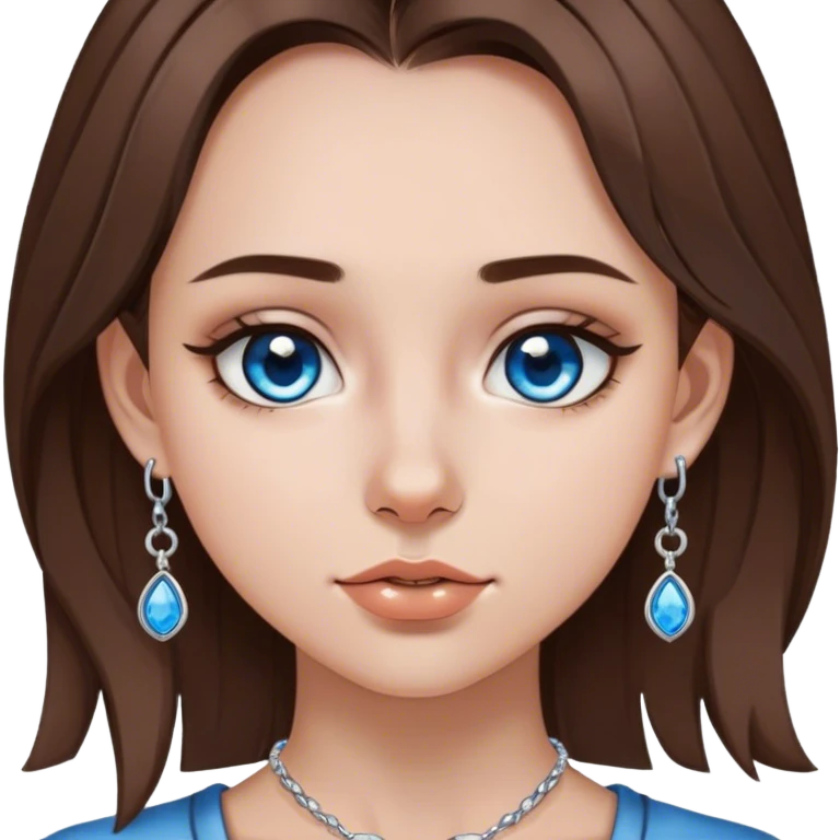 Girl with medium length brown hair, brown eyes, and silver septum piercing, silver earrings, and silver necklace with blue gem emoji
