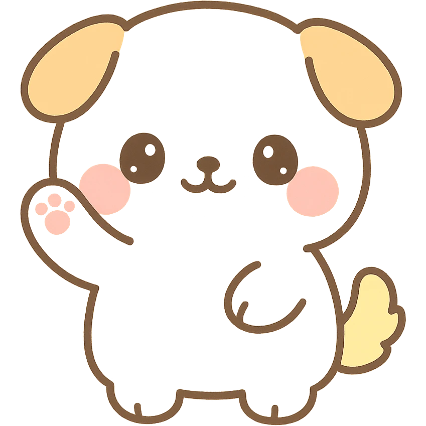 super kawaii, fluffy chubby puppy waving, round face, big sparkly eyes, blushing cheeks, tiny limbs, short tail, soft fluffy fur; hand-drawn Japanese kawaii style, watercolor pastel tone, consistent colors cream, pastel pink, pastel yellow, baby blue emoji