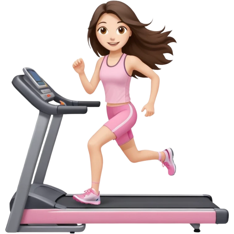 happy long haired brunette girl hazel eyes in light pink on treadmill  emoji
