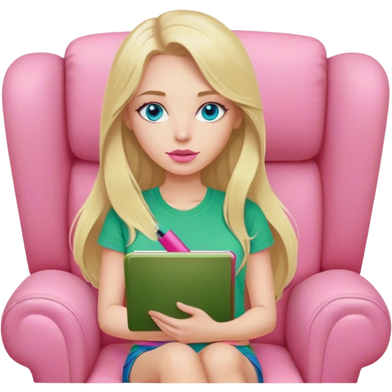 Cinematic realistic blonde with long hair, blue eyes and pink lips, dressed in a green T-shirt, sits in a beige armchair with a pink notebook and pen in her hands emoji
